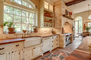 Fototapeta premium Farmhouse-style kitchen with open shelving, rustic wood countertops, and a large farmhouse sink, exuding warmth and charm.