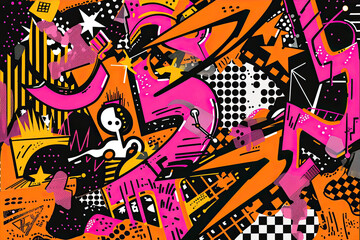 Bold Pop Art with Distorted Symbols and Pixelated Comic Bursts in 90s Style