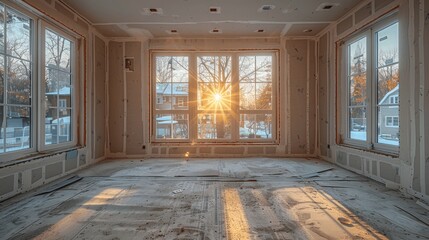 Obraz premium Interior of House Under Renovation With Unfinished Walls and Window Drywall Modern Living Room Construction in Montreal