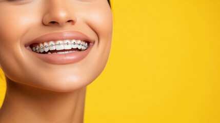 Obraz premium bright smile with braces showcases confidence and joy against vibrant yellow background. This captures essence of youthful happiness and dental care