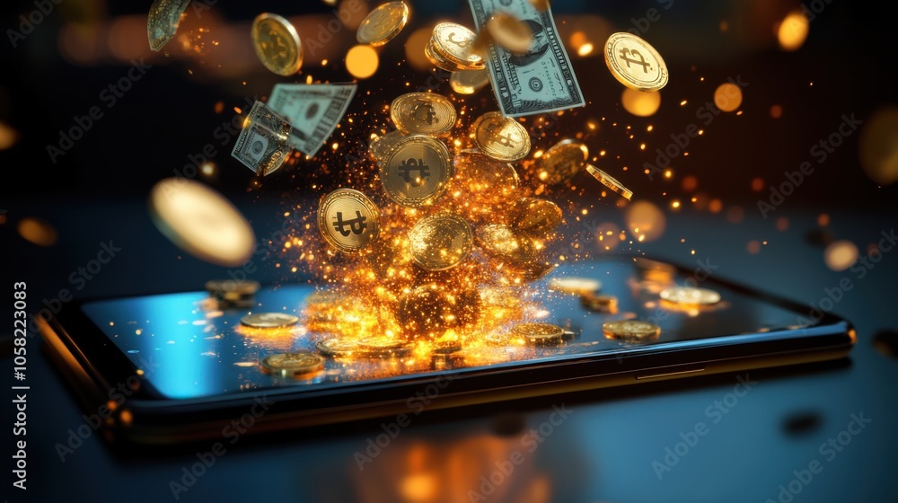 Poster a digital wallet icon on a smartphone screen exploding