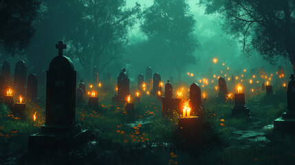 Peaceful Cemetery with Candles Lit on Graves, All Saints' Day, illustration, All Saints' Day picture,