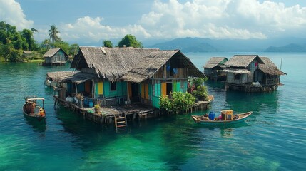 Fototapeta premium A charming scene depicts a dilapidated wooden fishing village elegantly floating in the open tropical ocean, capturing the essence of coastal life and the charm of rural life.