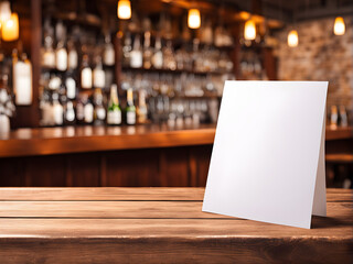 Blank paper table card on wooden table over bar background