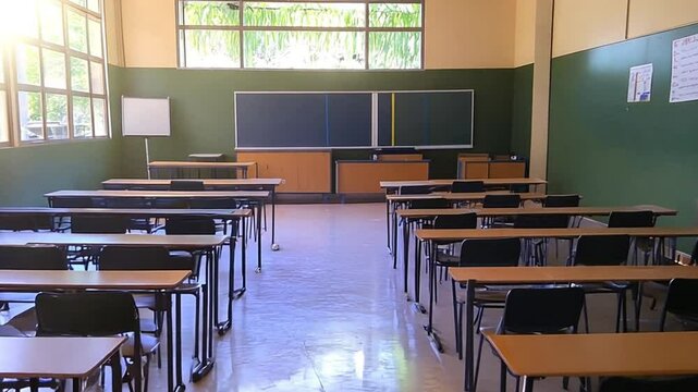 Empty classroom in school, Animation empty school or university classroom with big chalkboard, Animated illustration of a blackboard in a classroom with an educational theme, footage, 4k footage