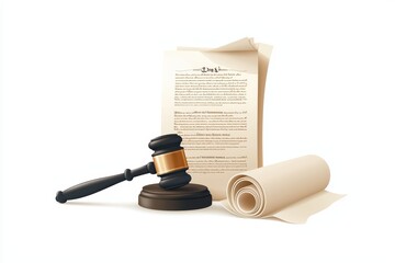 Gavel and legal documents on a white background, symbolizing justice and law.