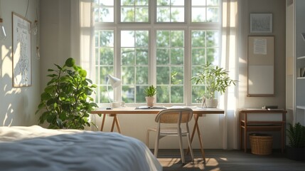 Fototapeta premium A serene workspace with a desk, plants, and large windows letting in natural light.