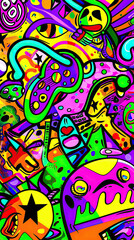 Colorful Pop Art with Funky Patterns and Cartoonish Neon Icons