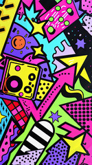 Colorful Pop Art with Retro Cartoon Icons and Neon Patterns