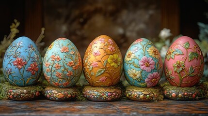 Colorfully decorated Easter eggs displayed on a rustic surface.