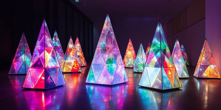 Colorful glowing triangular pyramid art installation illuminating dark room