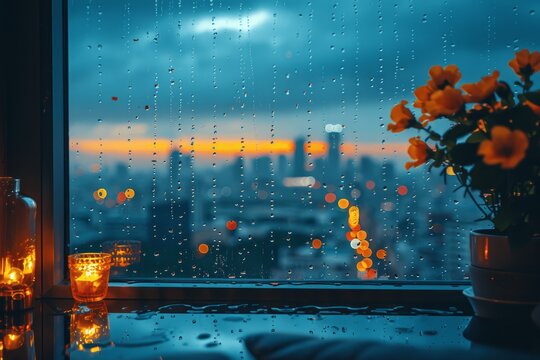 Living room window view with raindrops on glass city skyline at dusk thunderstorm clouds overhead realistic