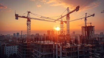 Construction Site with Cranes at Sunset High Resolution Photography of Buildings Under Construction