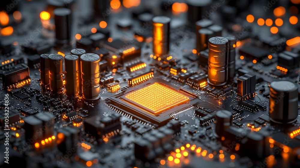 Poster 3d image - glowing cpu chip on circuit board