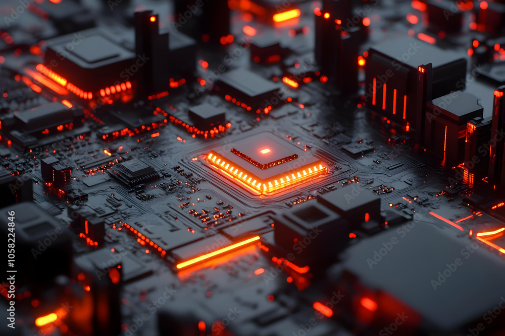 Poster 3d render of a cpu circuit board technology
