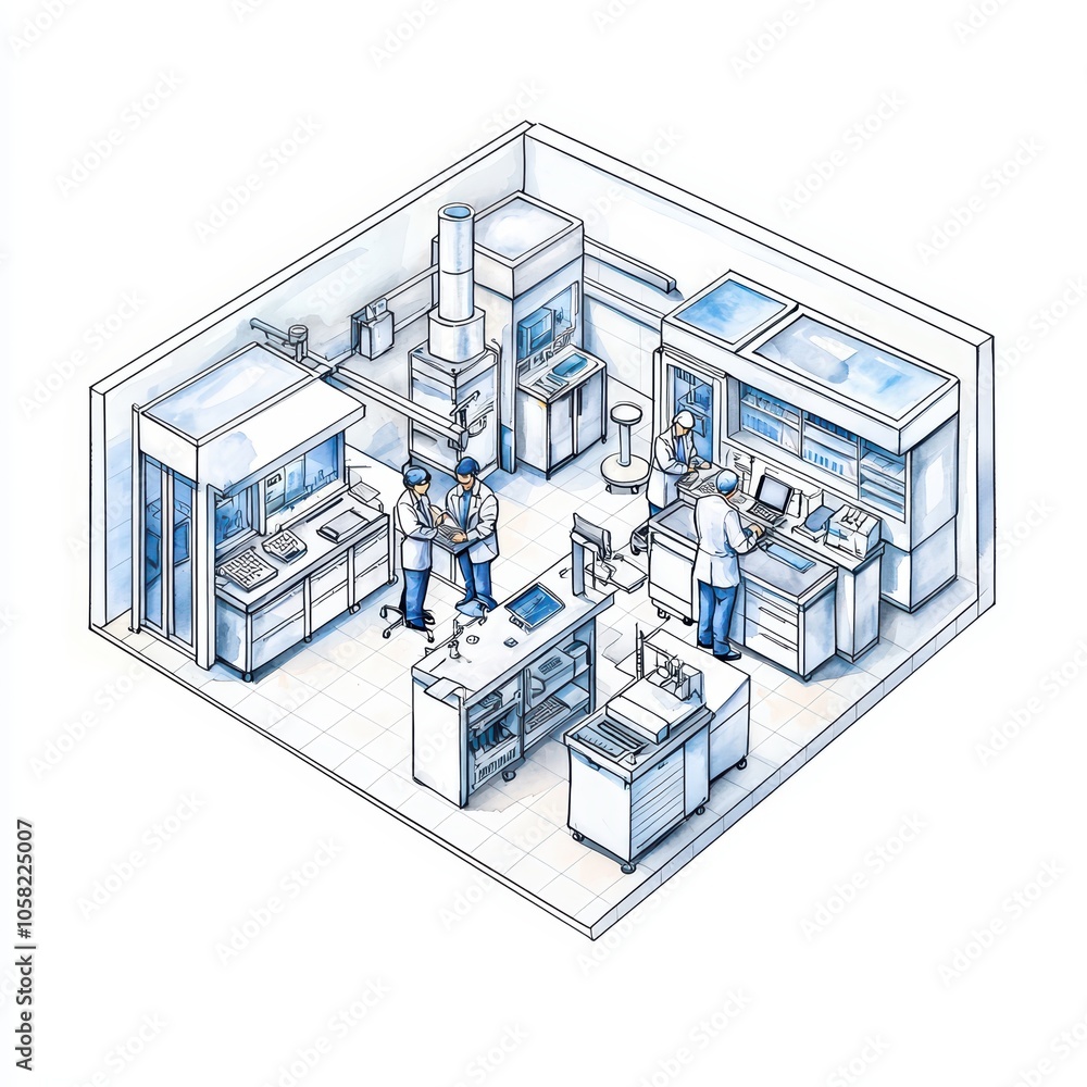 Poster laboratory scene with researchers working on experiments and using equipment in a modern environment