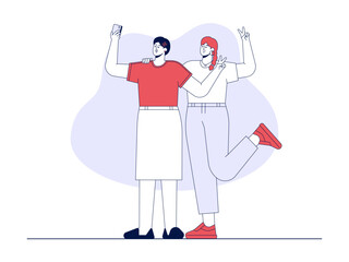 Two girl taking a photo together. Friendship illustration. Flat vector illustration.