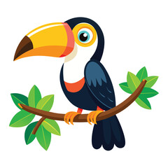 cartoon toucan bird on tree branch on white background