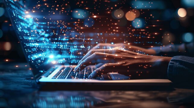Businessman Typing on Laptop with Digital Hologram Network and Code in Dark Office