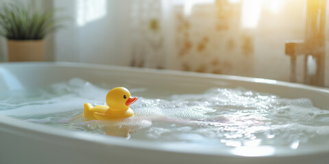 Yellow rubber duck floating in bathtub with soap suds, relaxation and hygiene concept
