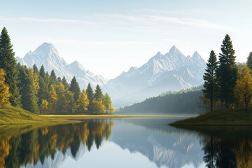 Fototapeta premium Scenic view of mountains reflected in a calm lake surrounded by lush trees and vibrant autumn colors.