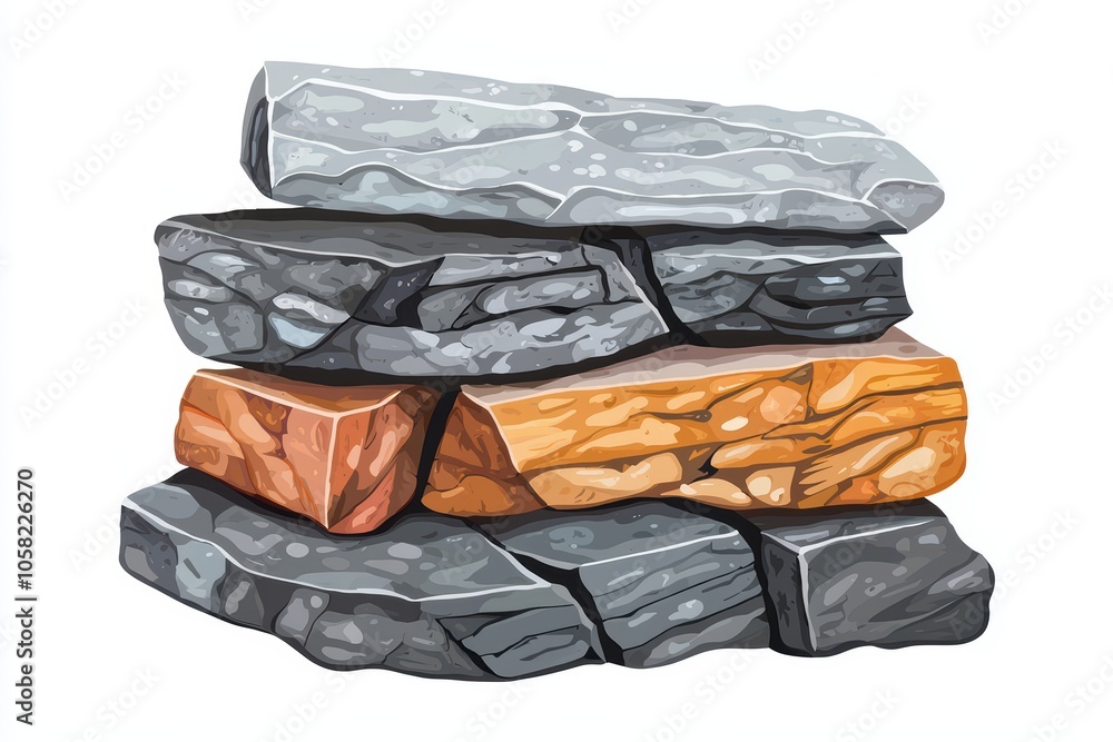 Poster stack of colorful rocks in various shapes and sizes on a white isolated background.