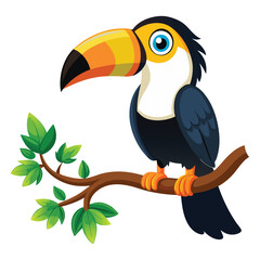 cartoon toucan bird on tree branch on white background