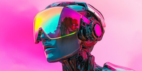 Robot wearing futuristic vr headset and headphones in pink and blue colors