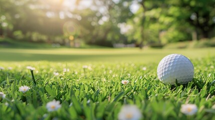 A close-up view of a golf ball on a vibrant green course with sunlight and a peaceful outdoor setting in the background.