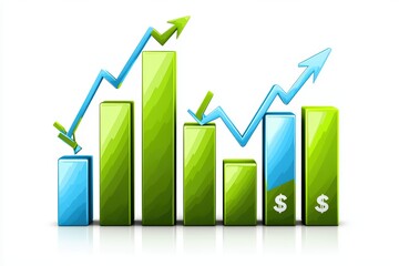 Stylized financial chart with green and blue bars showcasing market trends and growth.