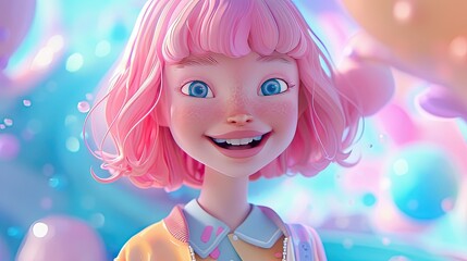 Fototapeta premium Cheerful cartoon girl, with soft pink hair, pastel clothing, and a bright smile.