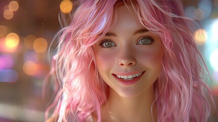 Naklejka premium Cheerful cartoon girl, with soft pink hair, pastel clothing, and a bright smile.