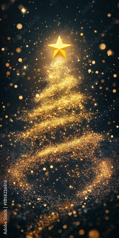 Poster golden christmas tree sparkling with festive magic on dark background