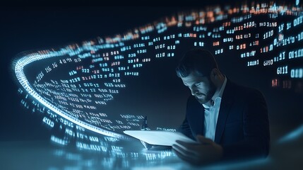 A dynamic shot capturing an investor engrossed in studying a financial report, surrounded by a flurry of numbers and graphs levitating around the scene