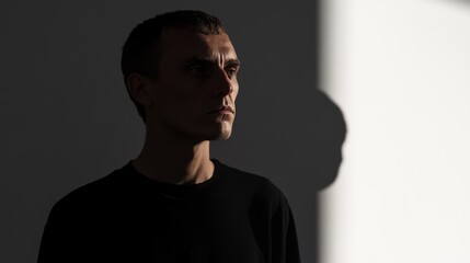 Obraz premium A silhouette of a male model wearing a black T-shirt, with a clear background, captured using bright studio lighting, emphasizing shape and contour. Minimalist aesthetics and fashion style