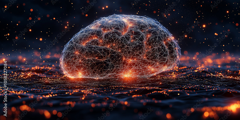 Poster Artificial intelligence glowing brain floating on a digital surface