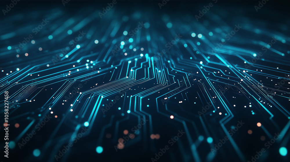 Poster create a highly detailed, futuristic circuit board pattern with dark blue and teal glowing lines. th