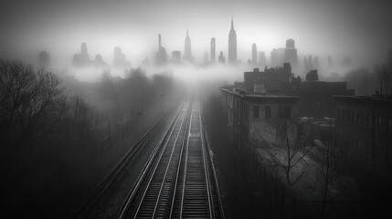 A misty cityscape with train tracks leading to the horizon.