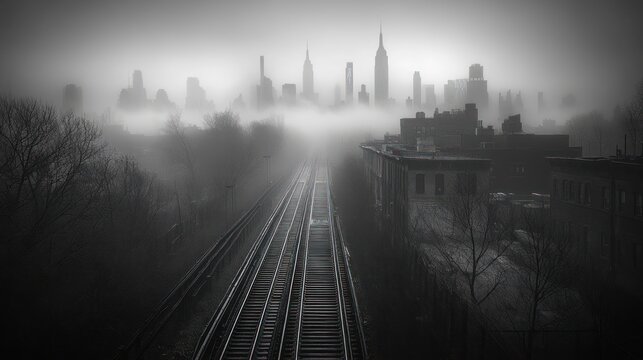 Fototapeta A misty cityscape with train tracks leading to the horizon.