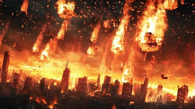 meteor falls to earth, Meteorite falls in the city, Destruction in the city as a massive fiery object crashes through the skyline, footage, 4k footage, videos, video clip, slow motion, video wallpaper