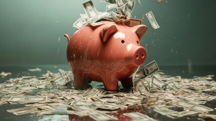A large piggy bank cracked open, releasing a torrent of money