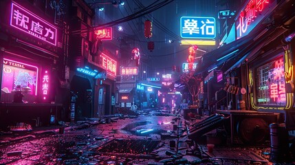 Obraz premium Cyberpunk city street at night, with neon signs.