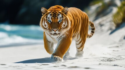 Obraz premium A legendary creature: a golden tiger with sunlit fur and intense blue eyes