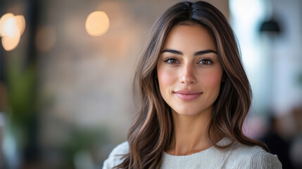 Obraz premium woman in her early 30s smiles warmly, showcasing her natural beauty and confidence in cozy, well lit environment. Her long, flowing hair complements her relaxed style