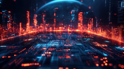 Obraz premium Futuristic digital landscape with glowing data structures.