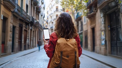 Obraz premium Back view of millennial woman with blank smartphone watching video guide during time for exploring Spanish capital - Barcelona using roaming internet for networking, female generation tracking gps. 