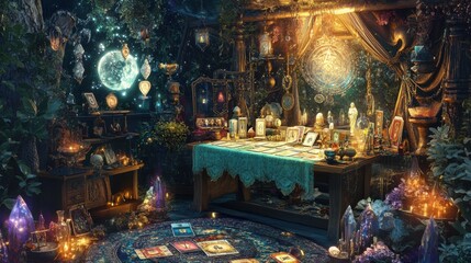 A magical scene with a fortune-teller's tent, filled with