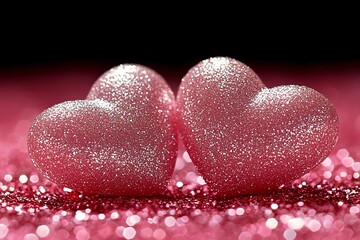 Fototapeta premium Two Pink Glitter Hearts on Sparkling Background Romantic Love Symbol