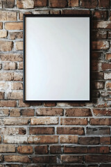 Blank picture frame hanging on brick wall background with copy space for template and mockup design