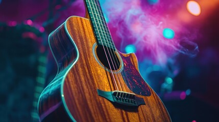 Naklejka premium Acoustic Guitar in a Smoky Stage Setting